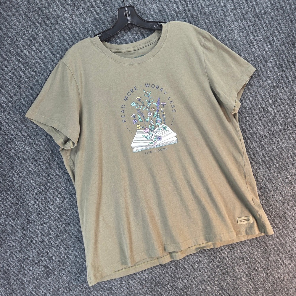 Life Is Good Read More Worry Less Graphic Tee Womens XL Olive Green Cotton - Picture 4 of 11